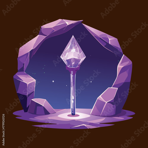 Glowing purple crystal staff inside a dark stone cave for fantasy adventure quest and magical treasure discovery