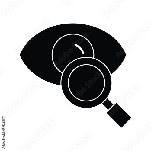 Minimalist icon of an eye being inspected by a magnifying glass, representing thorough visual examination, detailed analysis, focused research, and the pursuit of insightful discovery