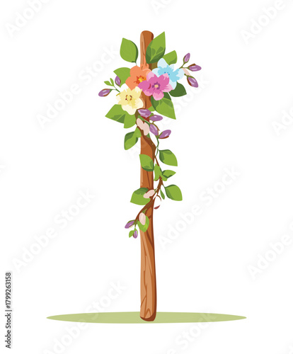 Tall wooden ritual staff adorned with pink flowers and green vines for fantasy priestess and nature goddess magic