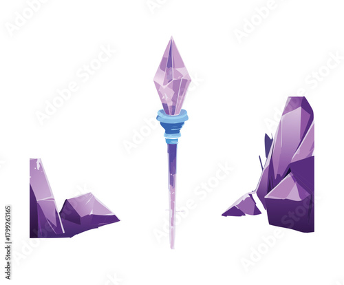 Purple crystal spear with floating amethyst shards for magical warrior character and fantasy weapon game level asset