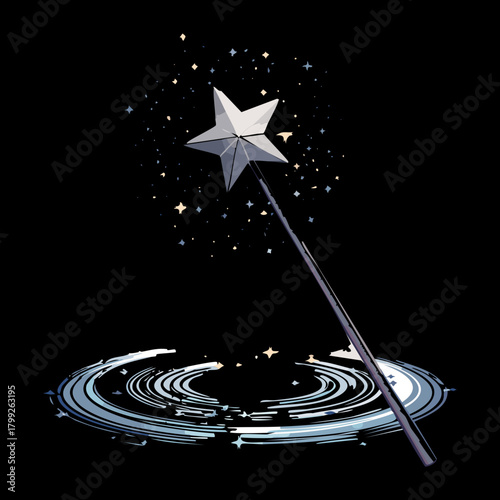 Dark mystic star wand with silver sparkles for night sorcery theme and fantasy wizard character magic spell