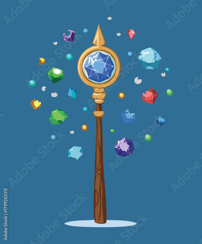Magical wooden staff with large blue gemstone surrounded by colorful floating crystals for fantasy wizard character power