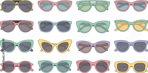 Colorful Sunglasses Collection with Various Styles and Colors for Fashion Accessories
