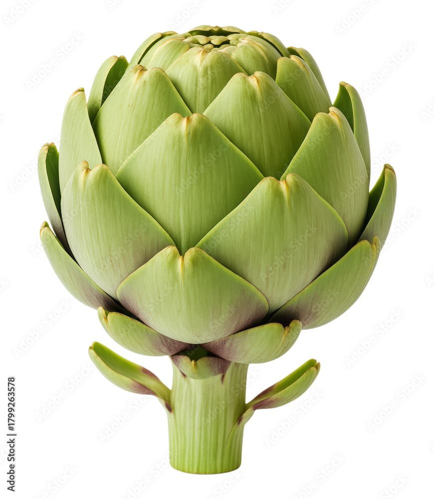 Fototapeta premium Fresh Single Globe Artichoke with Vibrant Green Leaves and Purple Accents, Healthy Organic Vegetable, Isolated on Transparent and White Background