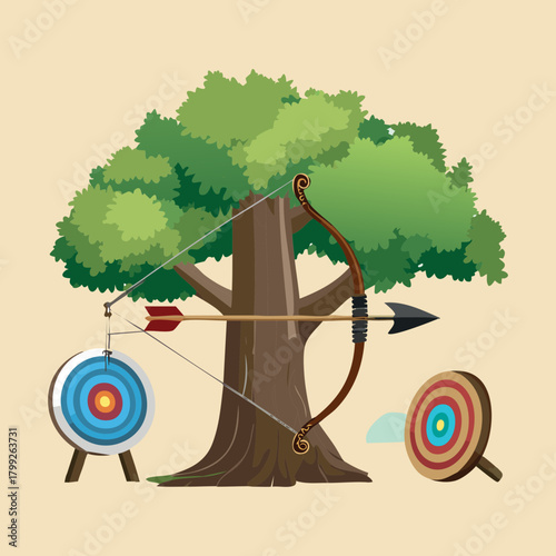Archery practice scene with wooden bow leaning against a large green tree surrounded by multiple colorful targets