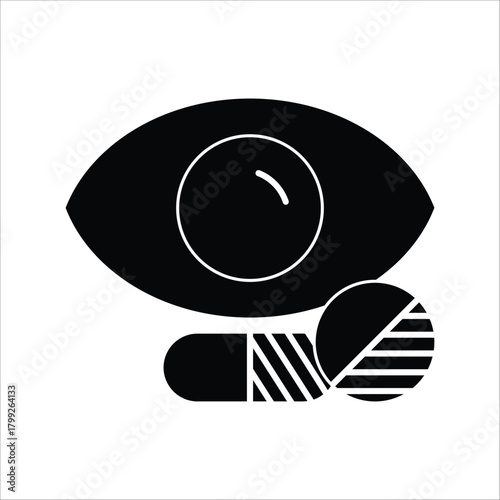Abstract black and white vector icon featuring a human eye alongside pharmaceutical tablets, representing comprehensive vision care, medical treatment, and optical health solutions