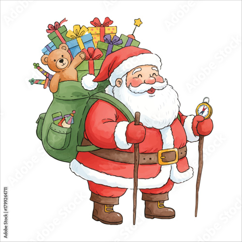 Santa Hiking with Backpack Watercolor Vector Illustration
