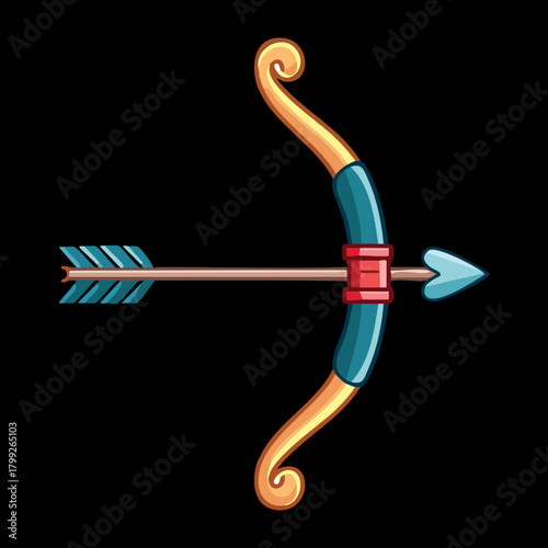 Modern teal fantasy bow and arrow with red grip for professional archery sport and gaming character equipment