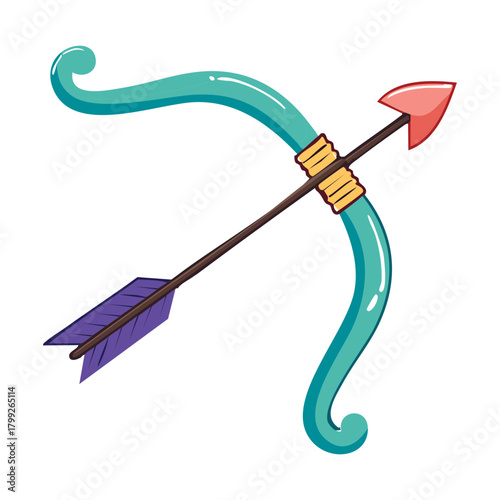 Teal magical heart shaped bow with purple arrow and glowing crystal effects for fantasy love archer character