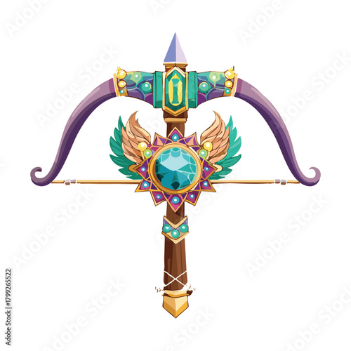 Magical divine crossbow decorated with gold wings and blue crystals for holy fantasy character weapon design