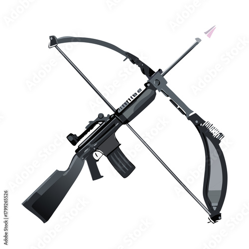 Modern hybrid weapon combining assault rifle gun with traditional archery bow for futuristic tactical combat concept