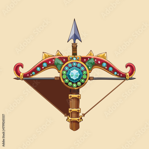 Ornate golden fantasy crossbow decorated with colorful gems and emeralds for royal warrior character game asset