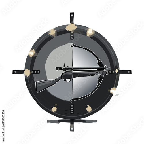 Modern tactical crossbow mounted on round black metal shield for defense and combat fantasy character equipment
