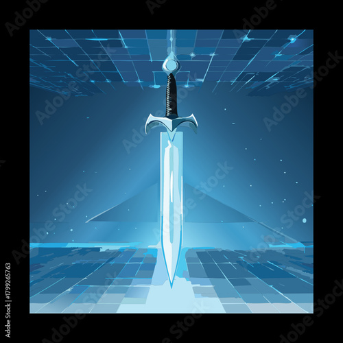 Legendary crystal sword floating in dark digital space with glowing blue light particles and futuristic geometric patterns