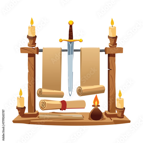 Antique medieval sword displayed on wooden stand with ancient paper scrolls and burning candles in royal library setting