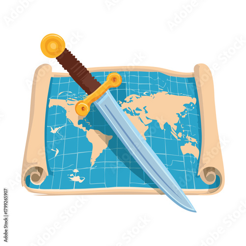 Shiny Fantasy Sword Lying on an Aged World Map Vector Illustration for Global Conquest or Epic Adventure Quest