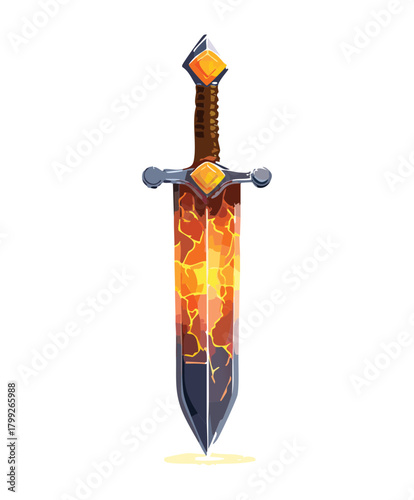 Mighty Medieval Sword Vector Illustration with Intricate Hilt Design and Flaming Magical Blade Element Asset