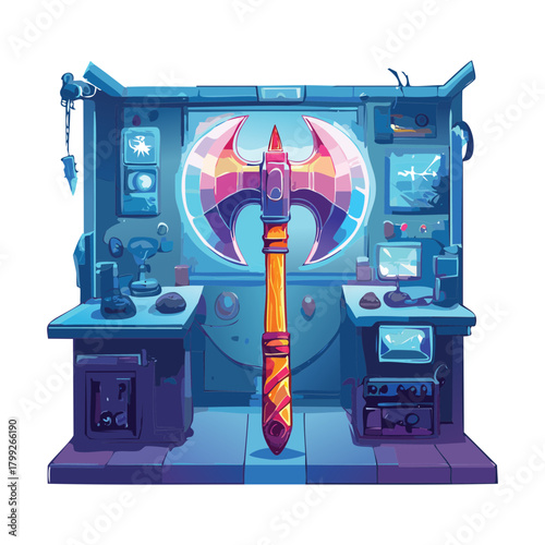 Mysterious Control Room with a Dagger or Small Axe on a Stand, Creating a Sci-Fi or Supervillain Hideout Scene