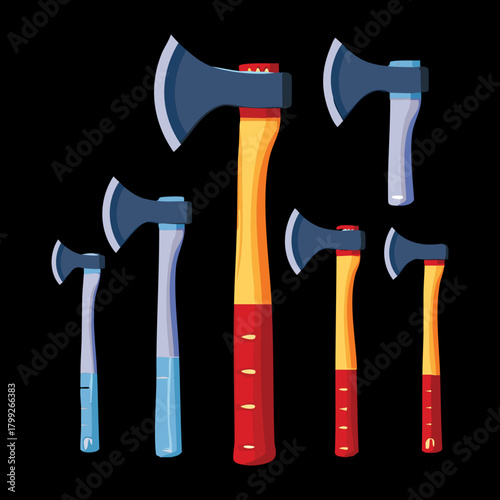 Set of Various Silhouettes of Axes and Hatchets with Black Blades and Handles, Suitable for Minimalist Design or Iconography