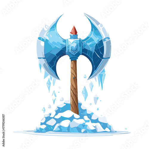Powerful Fantasy Ice Axe with a Large Blue Blade and Wooden Handle, Surrounded by Ice Shards and Snowflakes Graphic