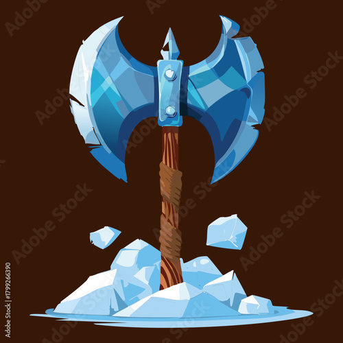Mighty Fantasy Crystal Battle Axe with Icy Blue Blade Stuck in Snowy Ground, Representing Power and Cold Magic Weaponry