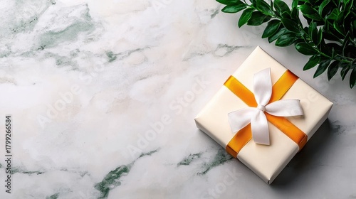 Elegant Cream Gift Box with Gold Ribbon and White Lace Bow on Marble
