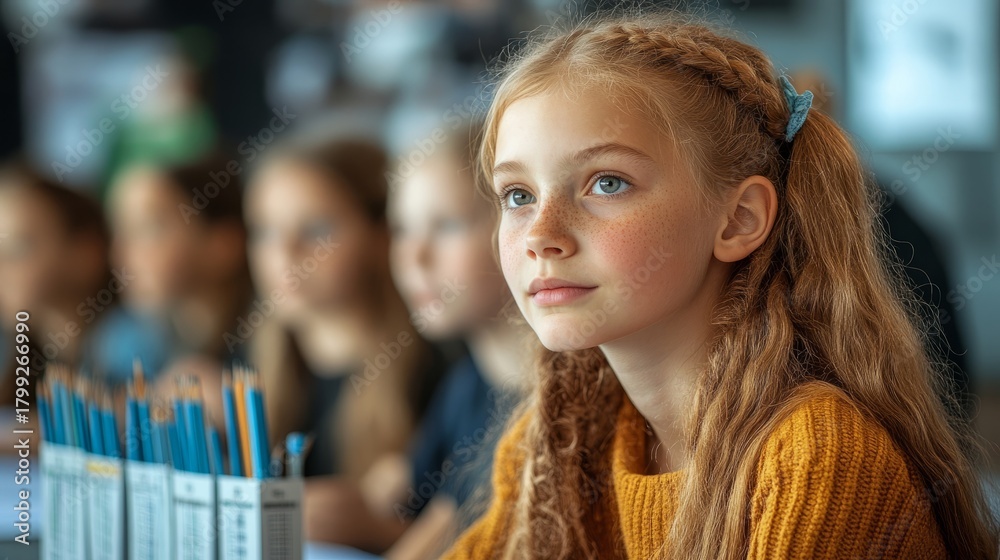 Obraz premium A thoughtful young girl in a bright sweater, focused on a lesson in a vibrant classroom surrounded by classmates