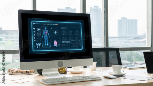 Valokuva Medical science technology and futuristic healthcare virtual computer software analyze human health and diagnose disease for doctor data and medical research