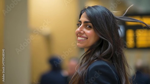 Elegant Journey: A confident individual with a bright smile turns, ready to begin the next chapter of her journey, in an indoor setting.