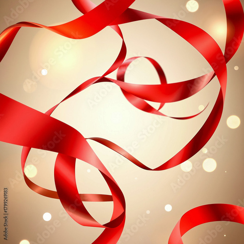Red ribbons swirling in soft light on a blurred golden background  