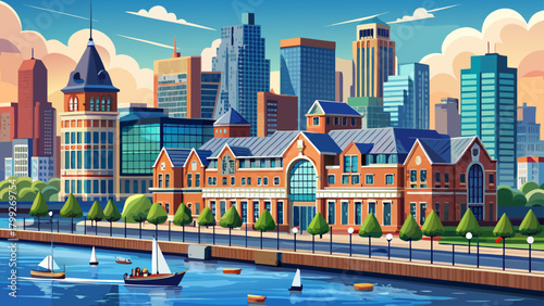 Very beautiful Hoboken waterfront architecture along the Hudson River, featuring elegant mid-rise buildings, clean promenades, and a calm riverside atmosphere under clear daylight.