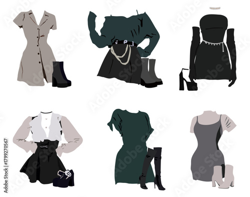 Set of women dressed. Fashion clothes set. Garment, accessory for women.