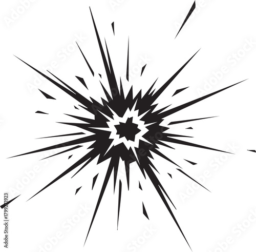 放射状に広がるエネルギー：シャープな集中線で表現されたモノクロームのパワフルなエクスプロージョン