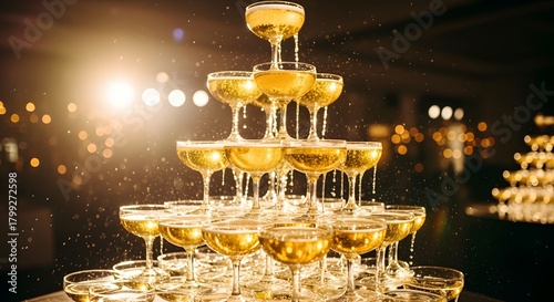 Sparkling champagne tower creates an elegant and festive celebration centerpiece.