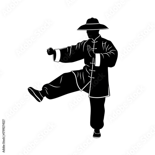 Chinese Martial Artist in Traditional Attire Performing Kung Fu Stance (Black and White Silhouette)