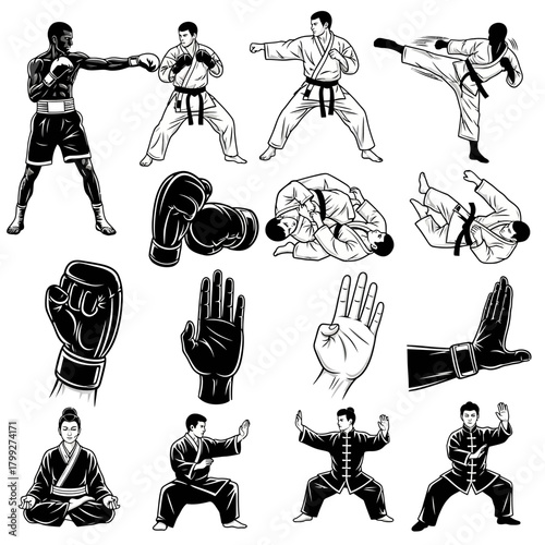 Monochrome Fighting and Martial Arts Icons: Boxing, Karate, Judo, Kung Fu, and Hand Poses Vector Set