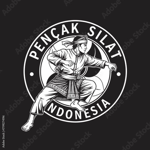 Dynamic Pencak Silat Indonesian Martial Arts Logo in Black and White Monochrome Style