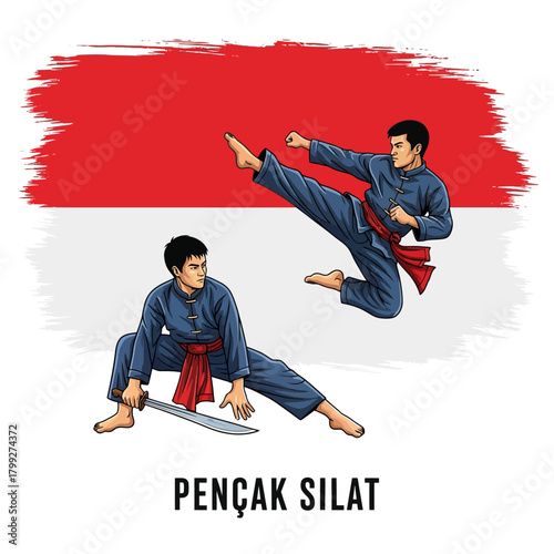 Dynamic Pencak Silat Martial Arts Fighters Illustration with Indonesian Flag Background