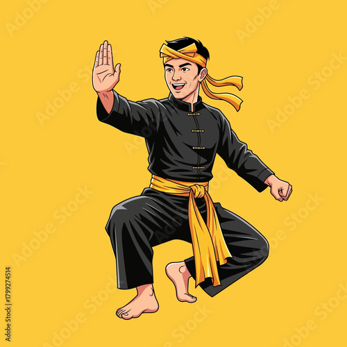 Cartoon Vector of a Silat Warrior in a Fighting Stance, Wearing a Traditional Black Uniform and Yellow Sash