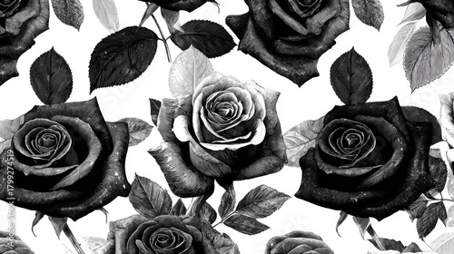 Monochrome roses create a dramatic and classic floral pattern on a white background.