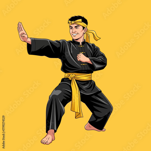Smiling Silat Fighter Performing a Defensive Stance in Traditional Black Uniform Vector Illustration