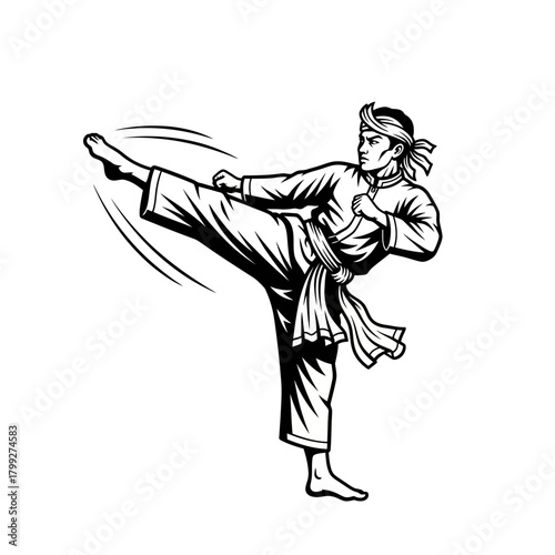 Silat Martial Artist Executing Dynamic High Kick Monochrome Vector