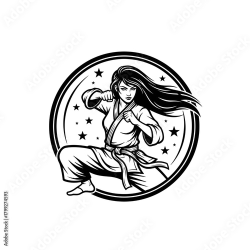 Monochrome Female Martial Artist Mascot Logo Design