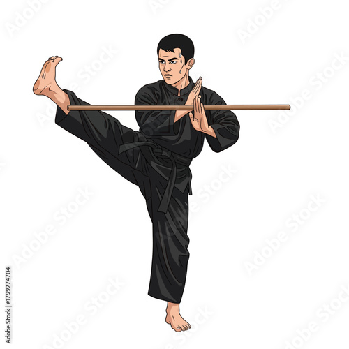 Asian Man Training Martial Arts High Kick Stance with Staff