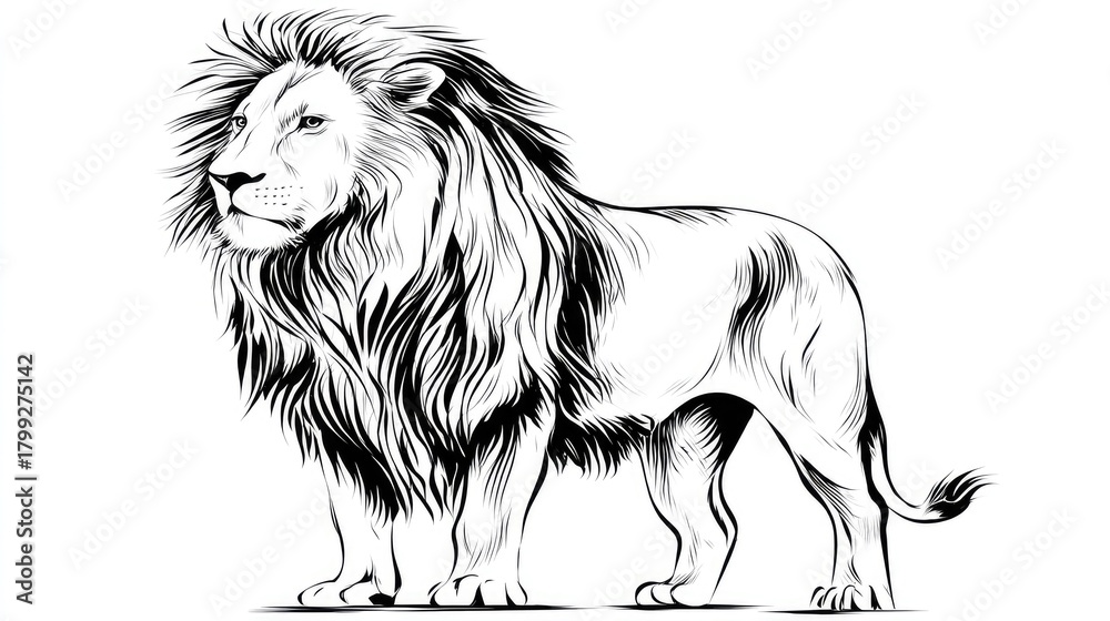 Obraz premium Majestic lion stands tall in a detailed, striking black and white illustration.