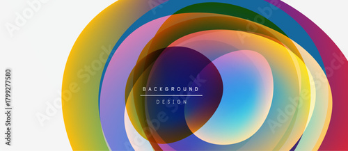 Abstract colorful layers create dynamic circular design. Text reads background design within central overlap. Modern, vibrant composition.