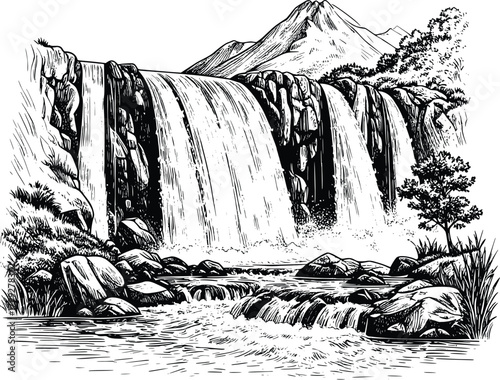 Black and White Waterfall Nature Scene 