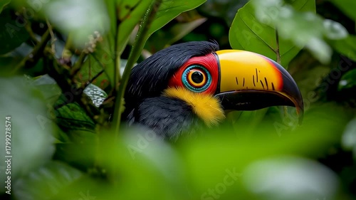 Keel-billed Toucan in the Foliage: A vibrant Keel-billed toucan, a tropical bird with a striking yellow, red, and orange beak, peers from lush green foliage in a natural, bright.