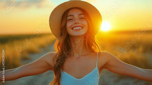Joyful Sunrise Embrace: A radiant young woman with outstretched arms basking in the golden glow of the sunrise. She embodies pure freedom, happiness.