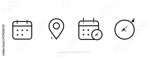 Calendar icon set. Date, Time , and Location Outline Icon Collection. Solid icon. Vector illustration